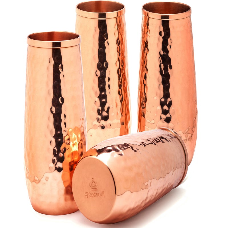 Mosscoff Copper flutes set of 4 - Moscow mule copper flutes - 10 oz hammered stemless champagne flutes of solid copper - copper wedding 7th set - Image 1